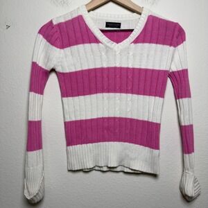 VTG Y2K Faded Glory Women Preppy Sweater XS Pink White Striped Cable Knit